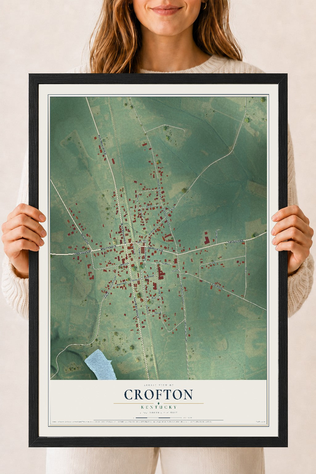 Map of Crofton, Kentucky, 18 x 24 inch print in a black wood frame
