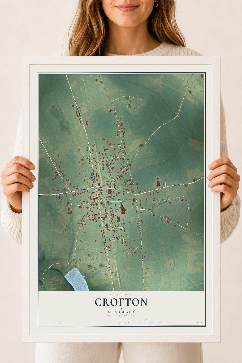 Map of Crofton, Kentucky, 18 x 24 inch print in a white wood frame