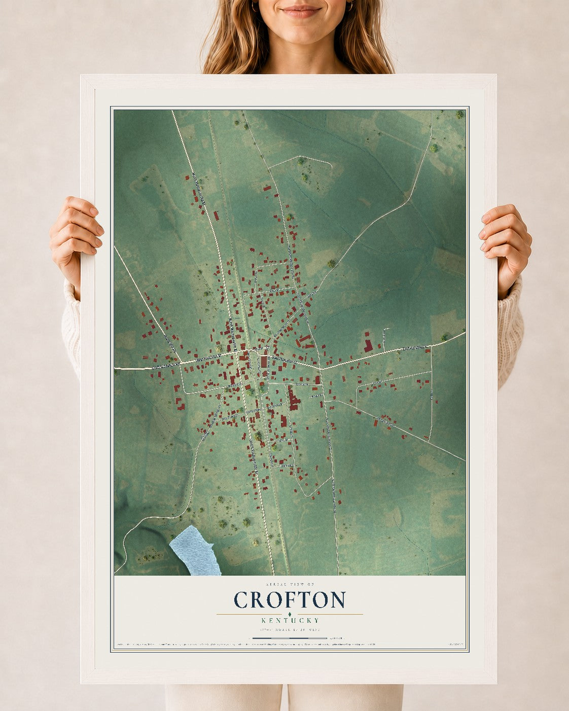 Map of Crofton, Kentucky, 24 x 36 inch print in a white wood frame