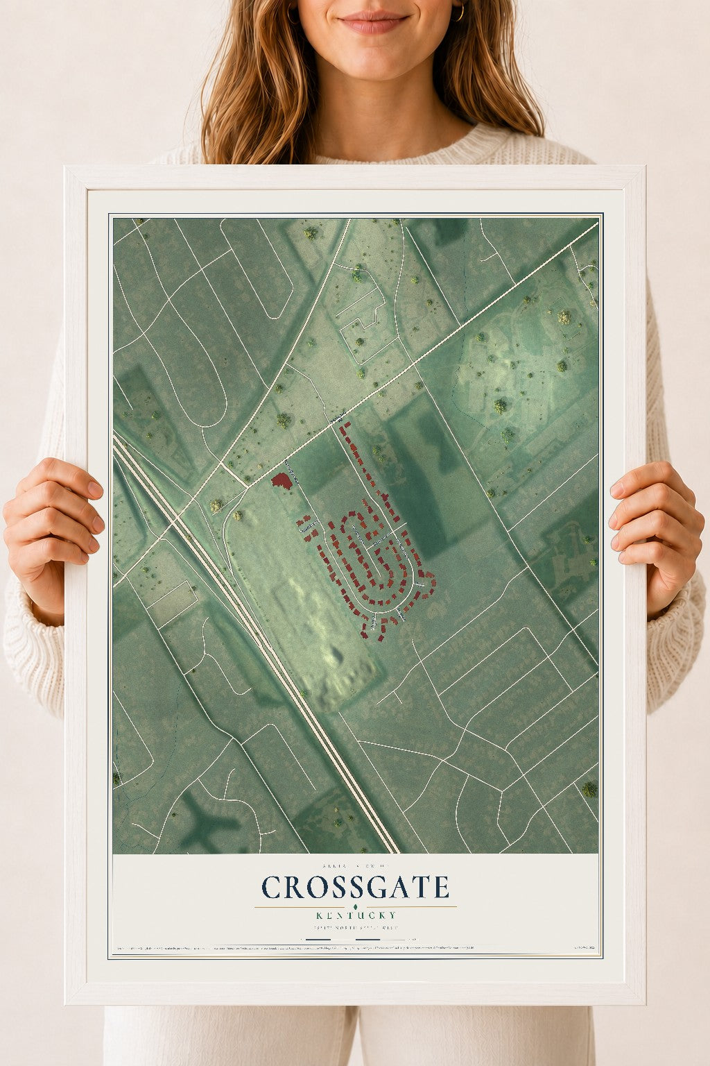 Map of Crossgate, Kentucky, 18 x 24 inch print in a white wood frame