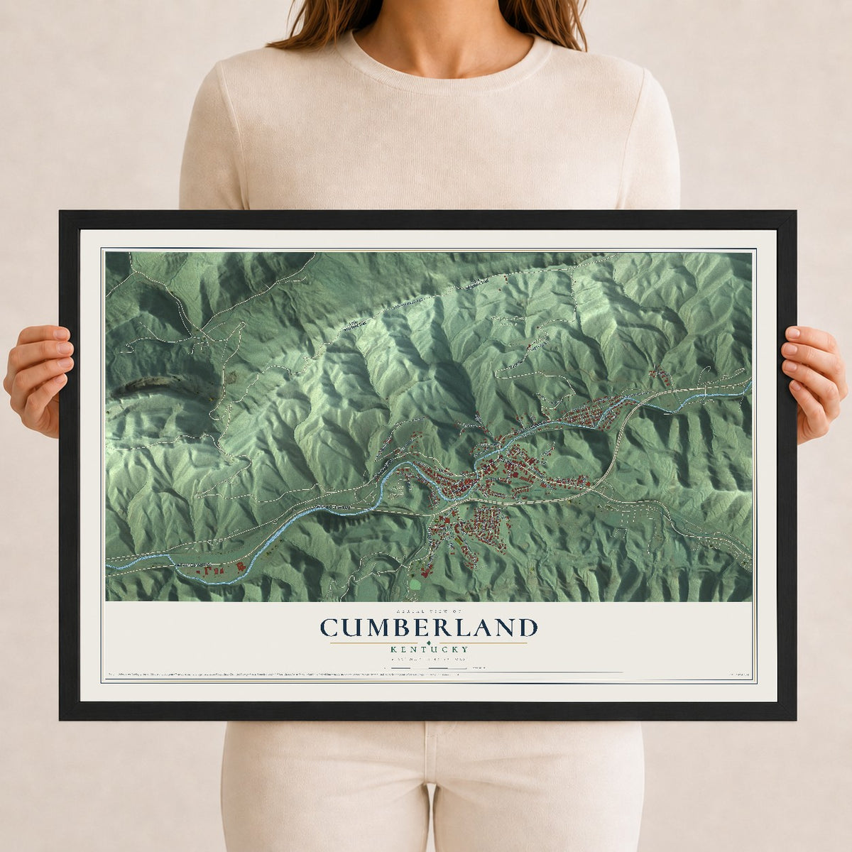 Map of Cumberland, Kentucky, 12 x 18 inch print in a black wood frame