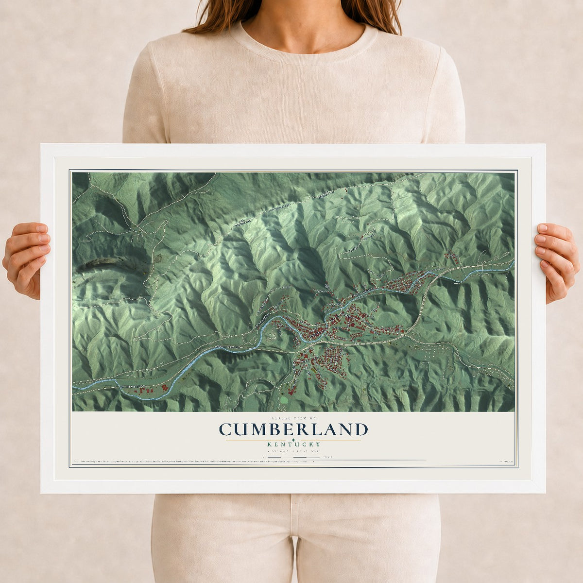 Map of Cumberland, Kentucky, 12 x 18 inch print in a white wood frame
