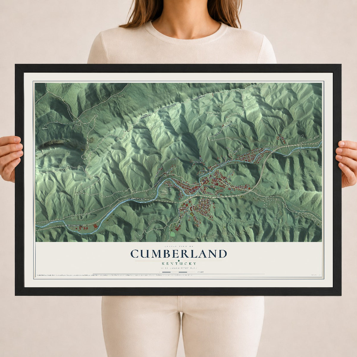 Map of Cumberland, Kentucky, 18 x 24 inch print in a black wood frame