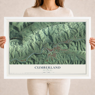 Map of Cumberland, Kentucky, 18 x 24 inch print in a white wood frame