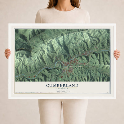 Map of Cumberland, Kentucky, 24 x 36 inch print in a white wood frame