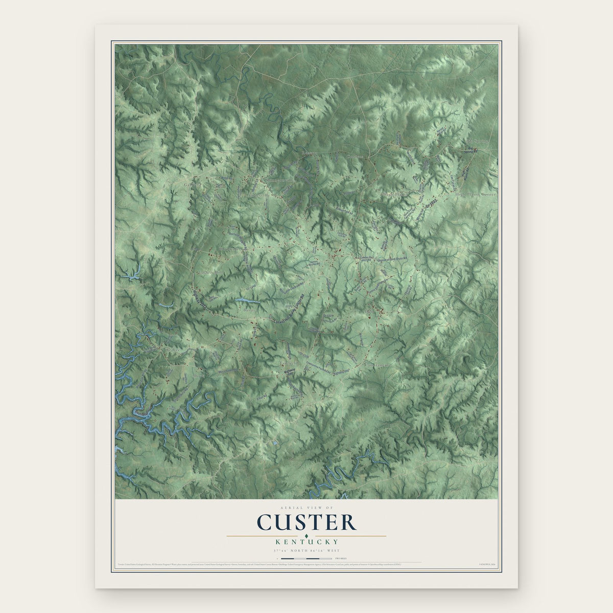 Custer, Kentucky map print, the full design