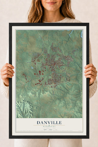 Map of Danville, Kentucky, 18 x 24 inch print in a black wood frame