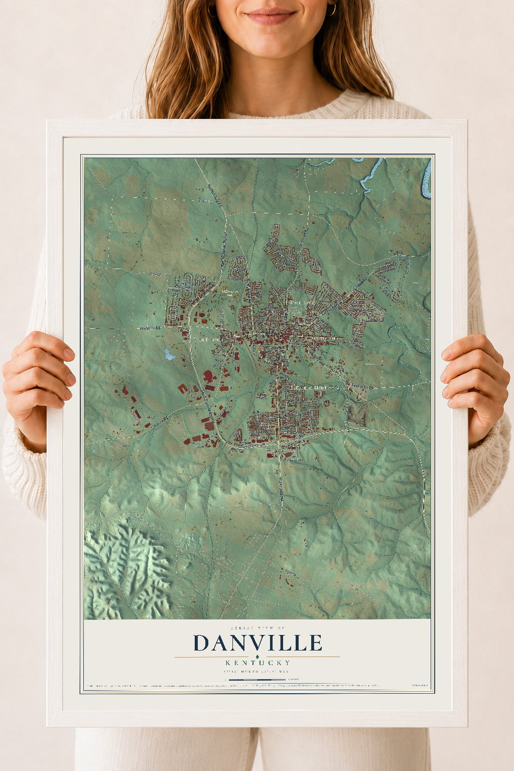 Map of Danville, Kentucky, 18 x 24 inch print in a white wood frame
