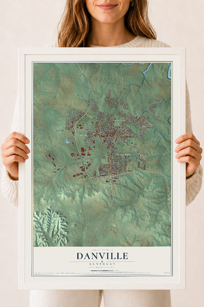 Map of Danville, Kentucky, 18 x 24 inch print in a white wood frame