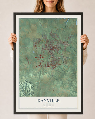 Map of Danville, Kentucky, 24 x 36 inch print in a black wood frame