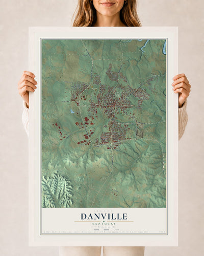 Map of Danville, Kentucky, 24 x 36 inch print in a white wood frame