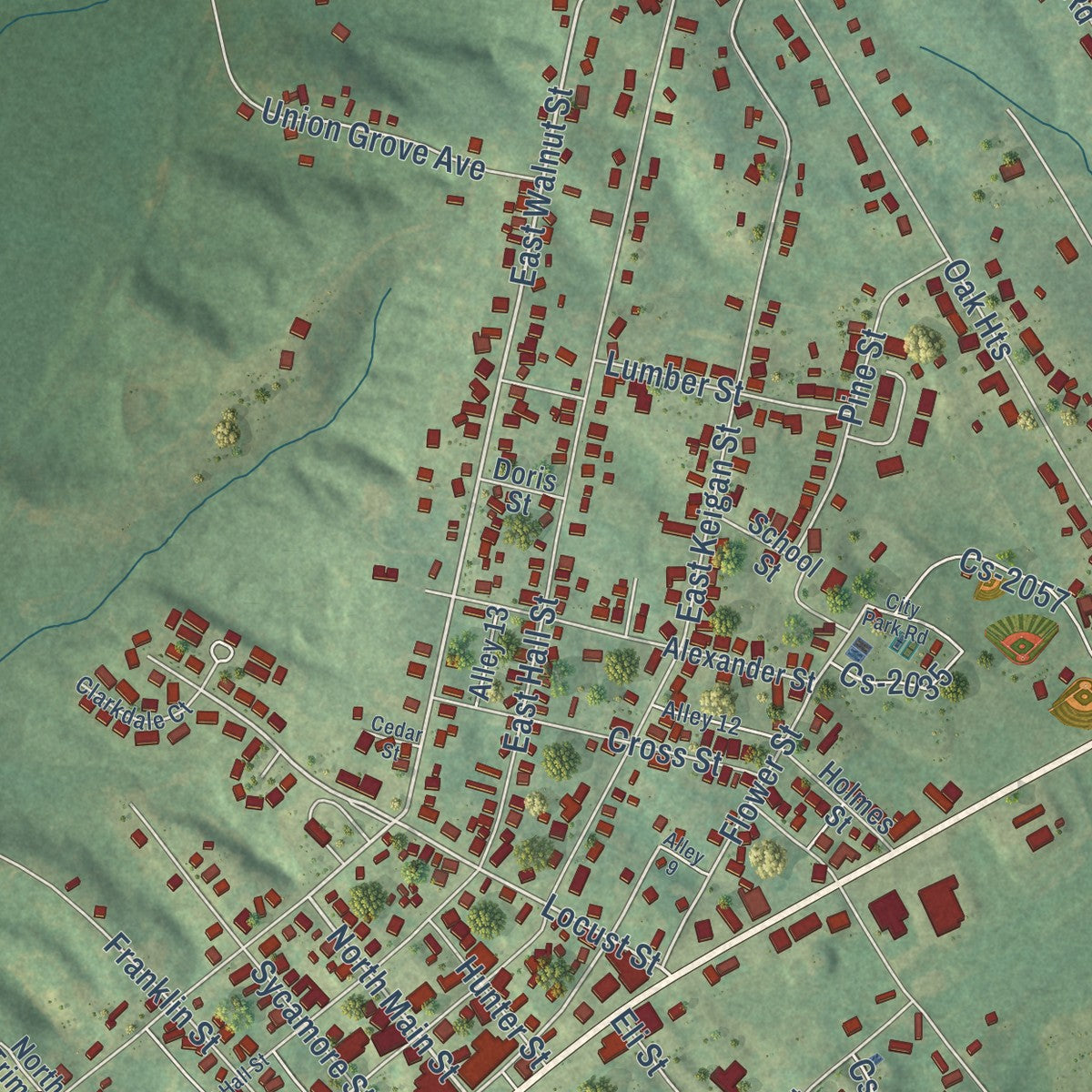 Close-up of the map of Dawson Springs, Kentucky print showing street and building detail