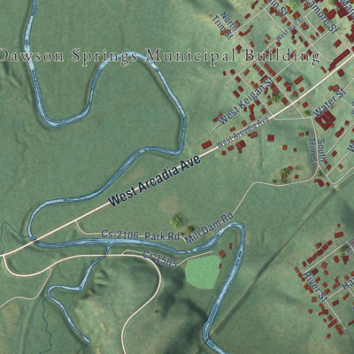 Second close-up of the map of Dawson Springs, Kentucky print showing more streets and buildings