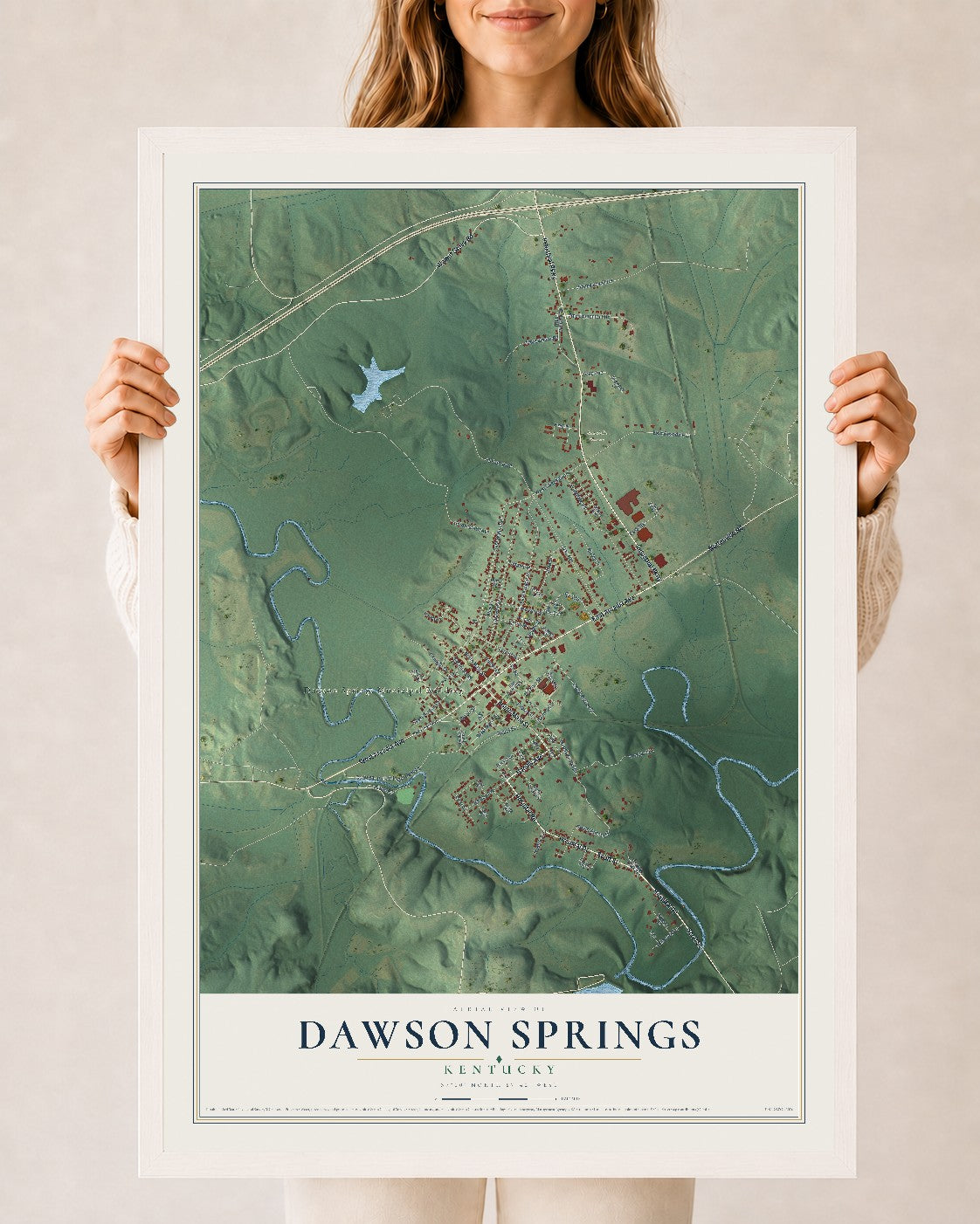 Map of Dawson Springs, Kentucky, 24 x 36 inch print in a white wood frame