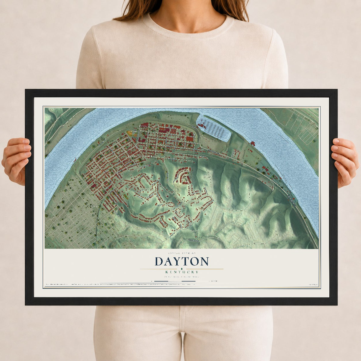 Map of Dayton, Kentucky, 12 x 18 inch print in a black wood frame