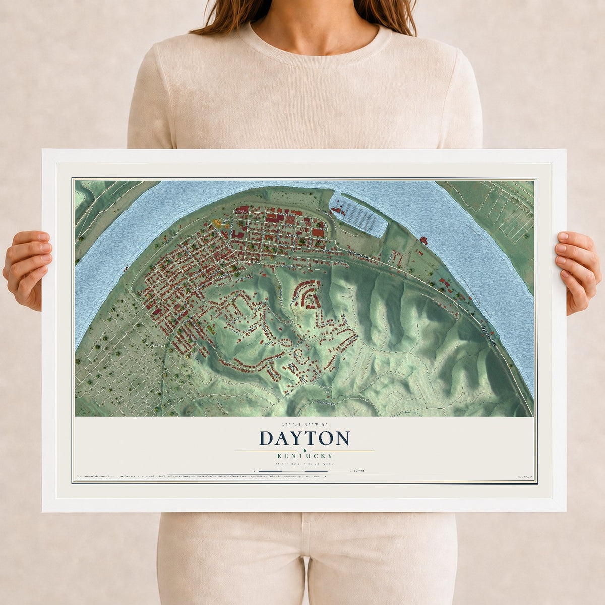 Map of Dayton, Kentucky, 12 x 18 inch print in a white wood frame