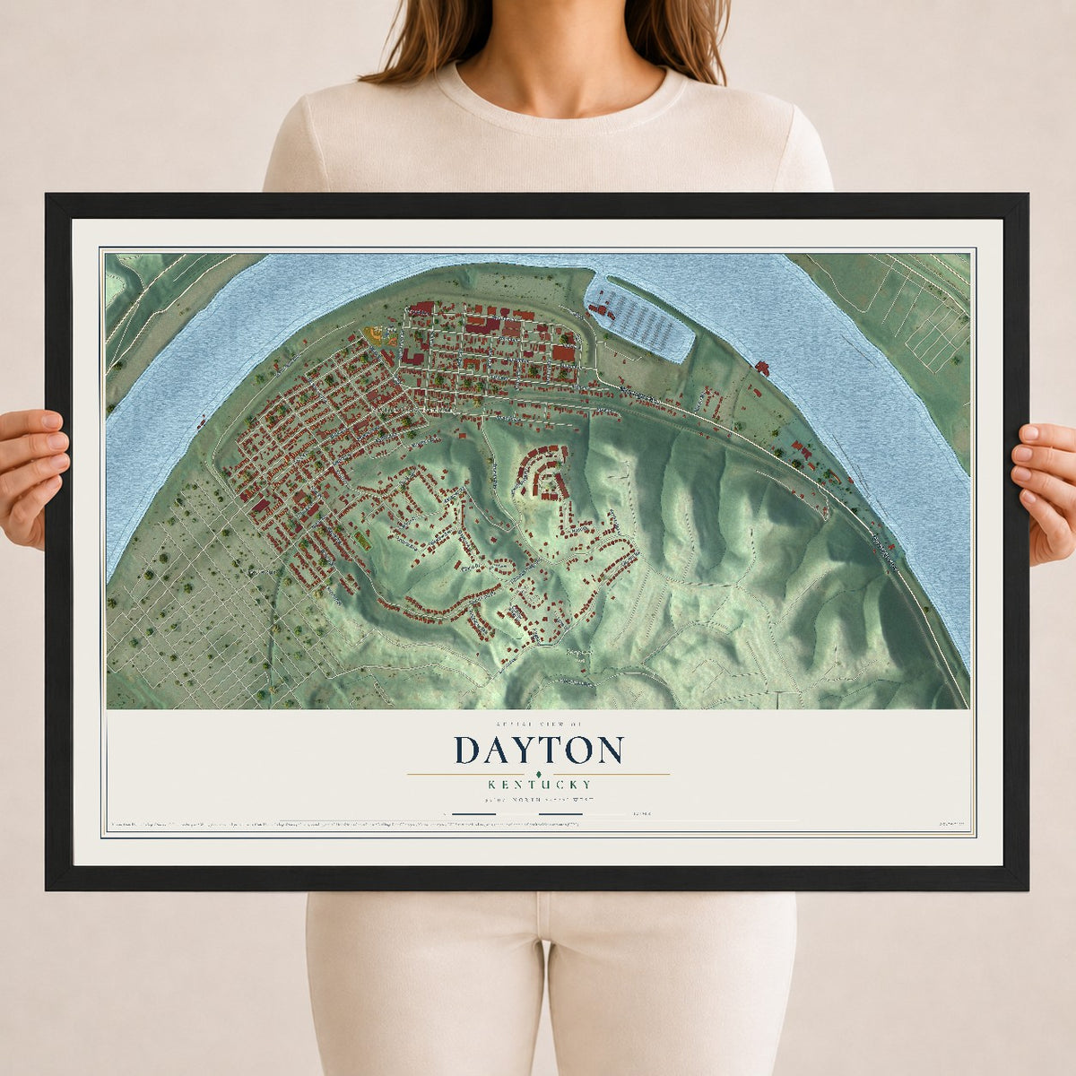 Map of Dayton, Kentucky, 18 x 24 inch print in a black wood frame