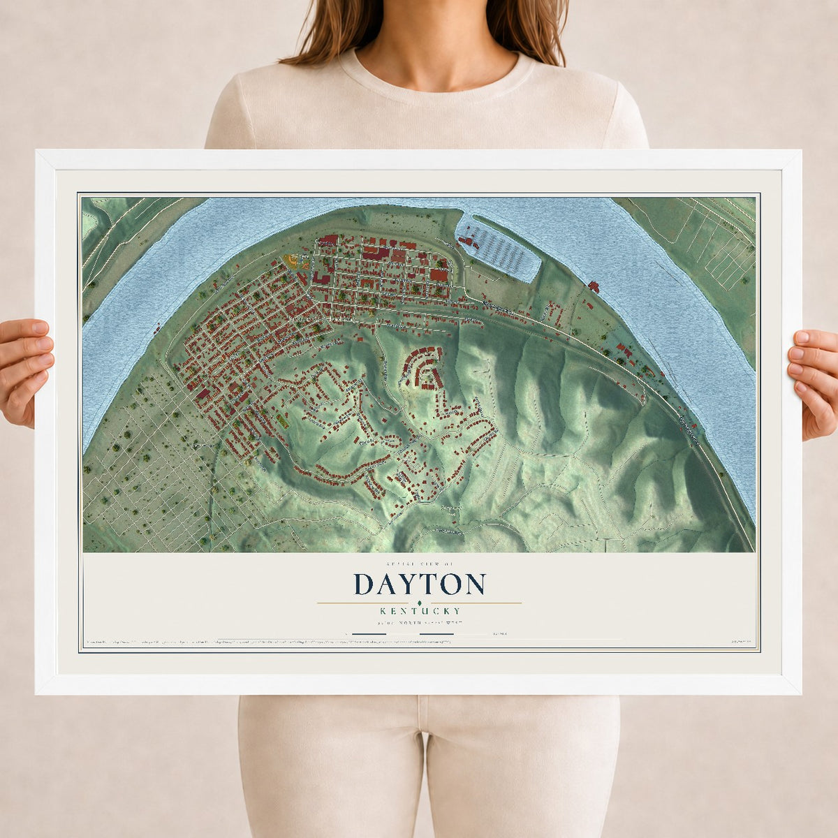 Map of Dayton, Kentucky, 18 x 24 inch print in a white wood frame