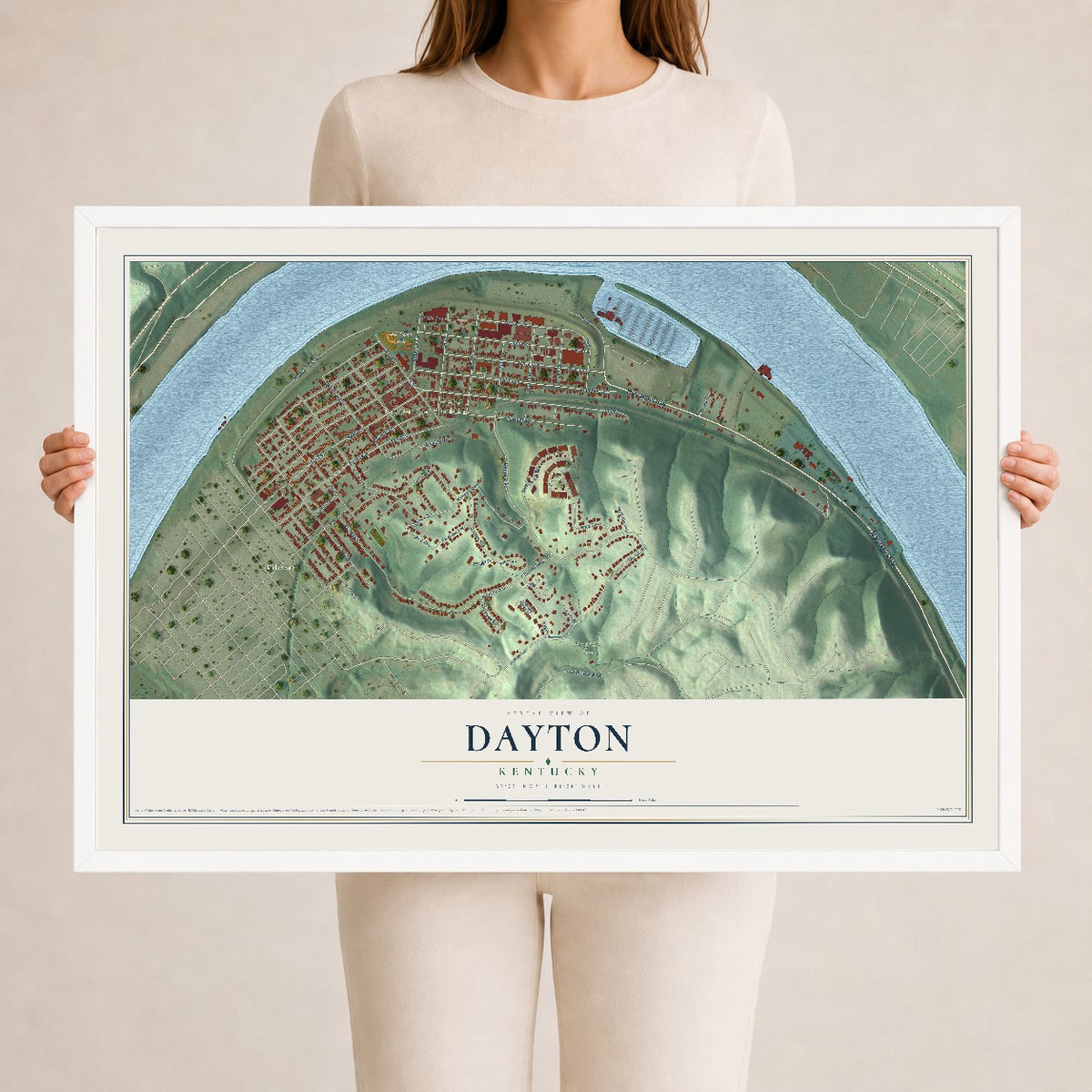 Map of Dayton, Kentucky, 24 x 36 inch print in a white wood frame