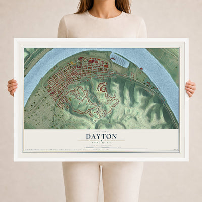 Map of Dayton, Kentucky, 24 x 36 inch print in a white wood frame