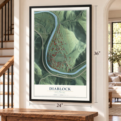 Diablock, Kentucky map, 24 x 36 inch print in a black frame by a staircase