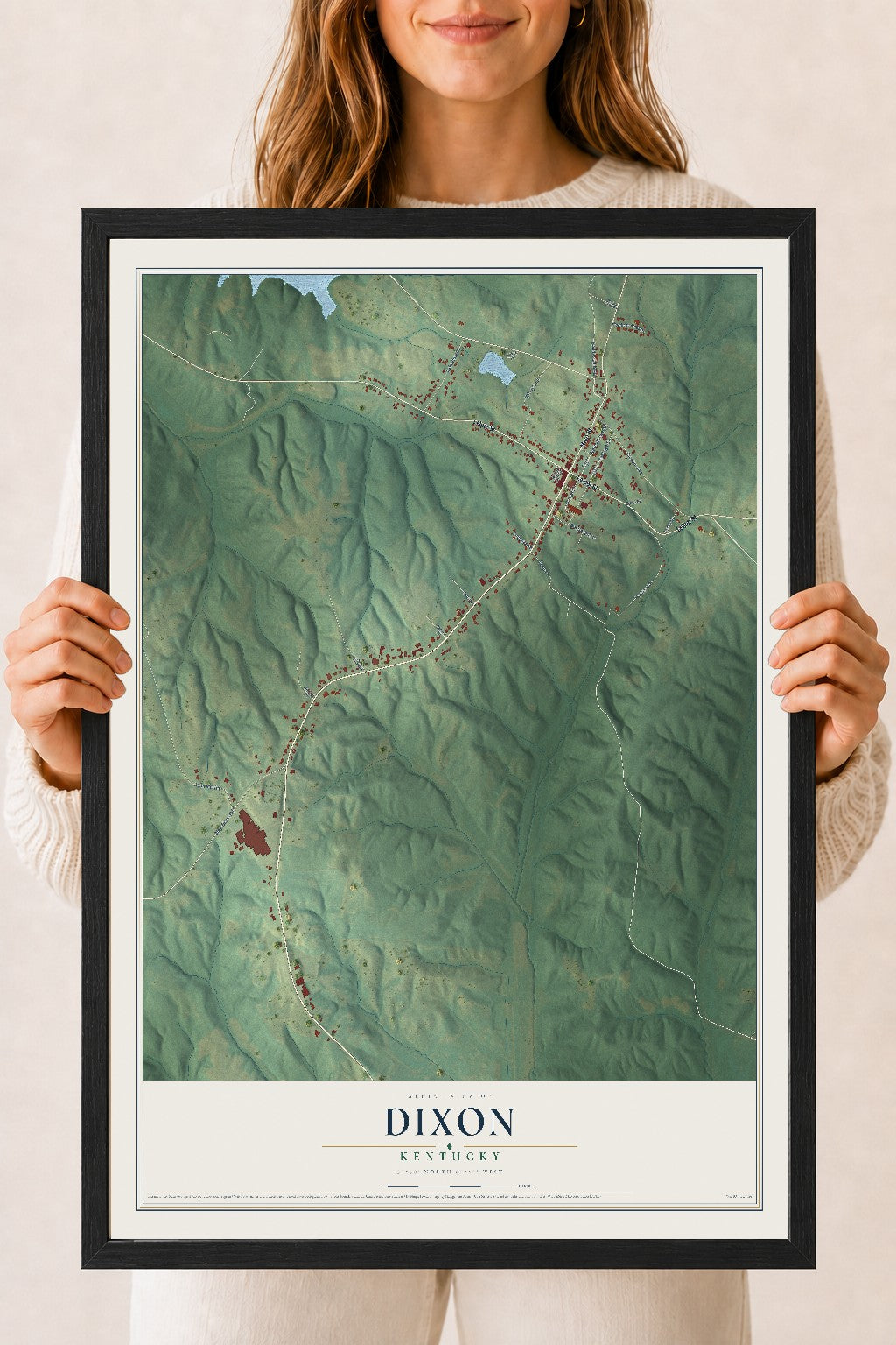 Map of Dixon, Kentucky, 18 x 24 inch print in a black wood frame