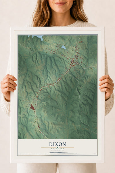 Map of Dixon, Kentucky, 18 x 24 inch print in a white wood frame