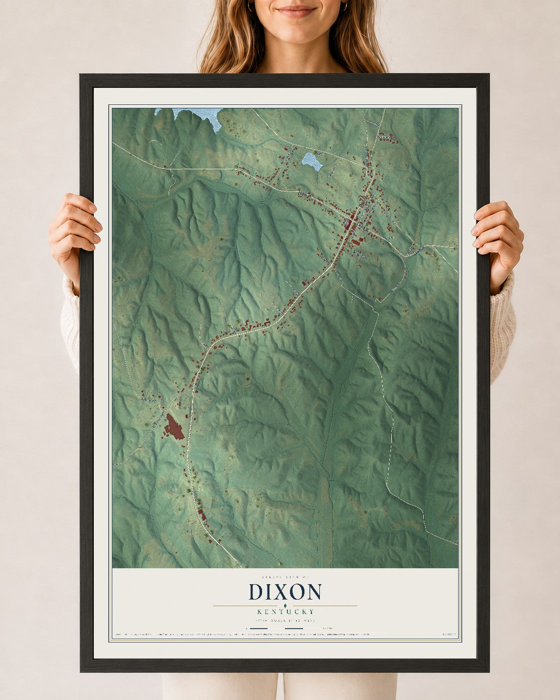 Map of Dixon, Kentucky, 24 x 36 inch print in a black wood frame