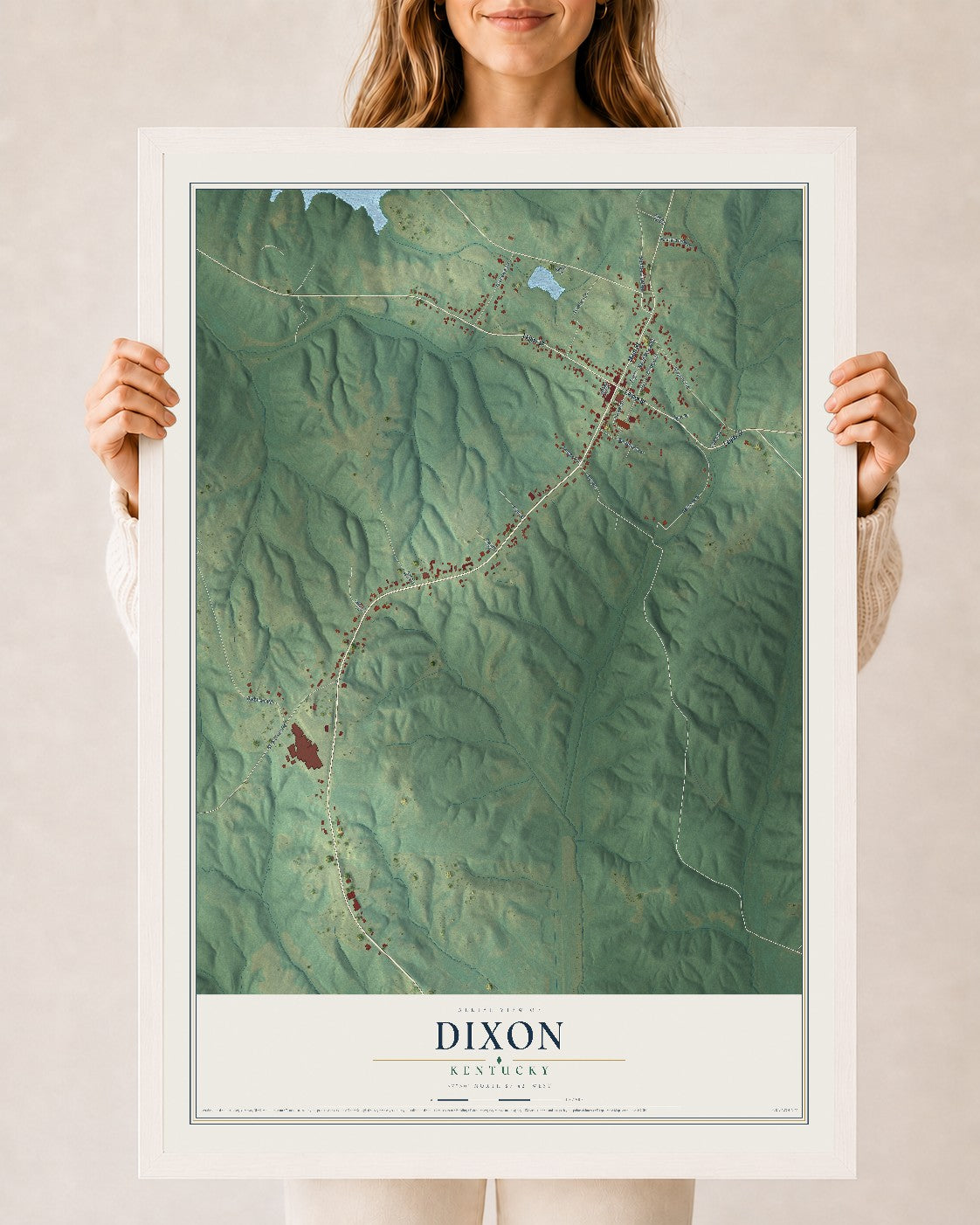 Map of Dixon, Kentucky, 24 x 36 inch print in a white wood frame