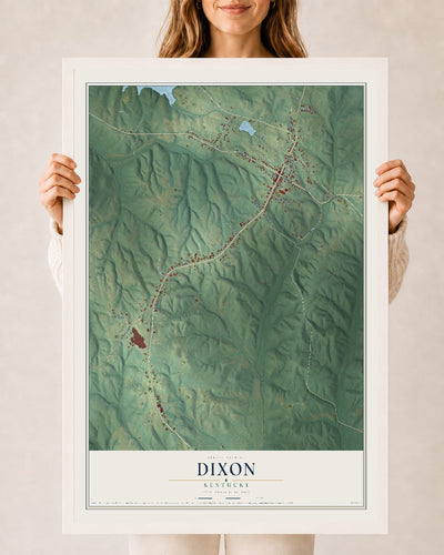 Map of Dixon, Kentucky, 24 x 36 inch print in a white wood frame