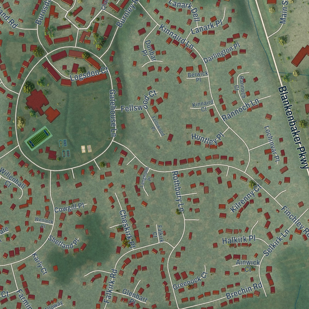 Close-up of the map of Douglass Hills, Kentucky print showing street and building detail