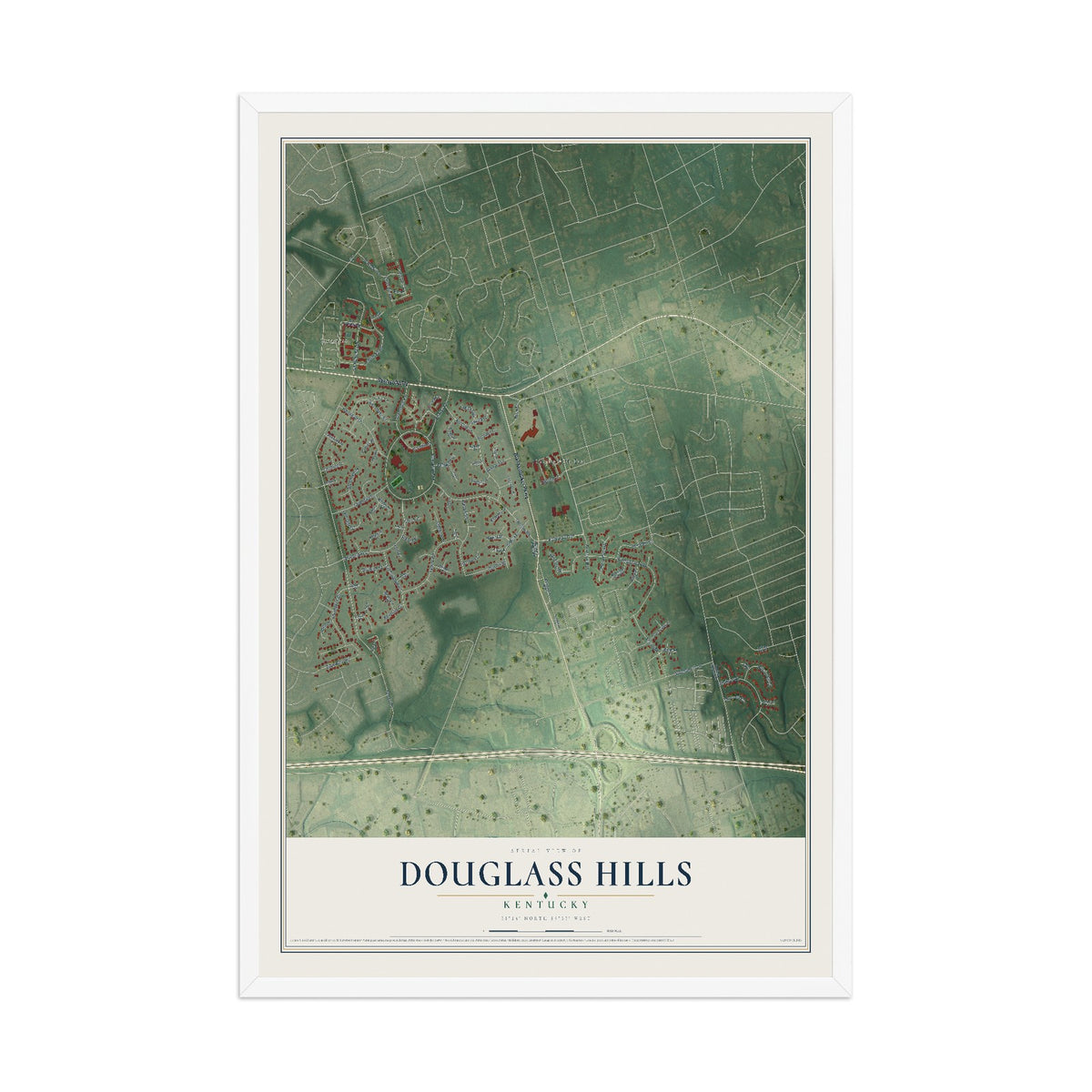 Map of Douglass Hills, Kentucky, 12 x 18 inch print in a white wood frame