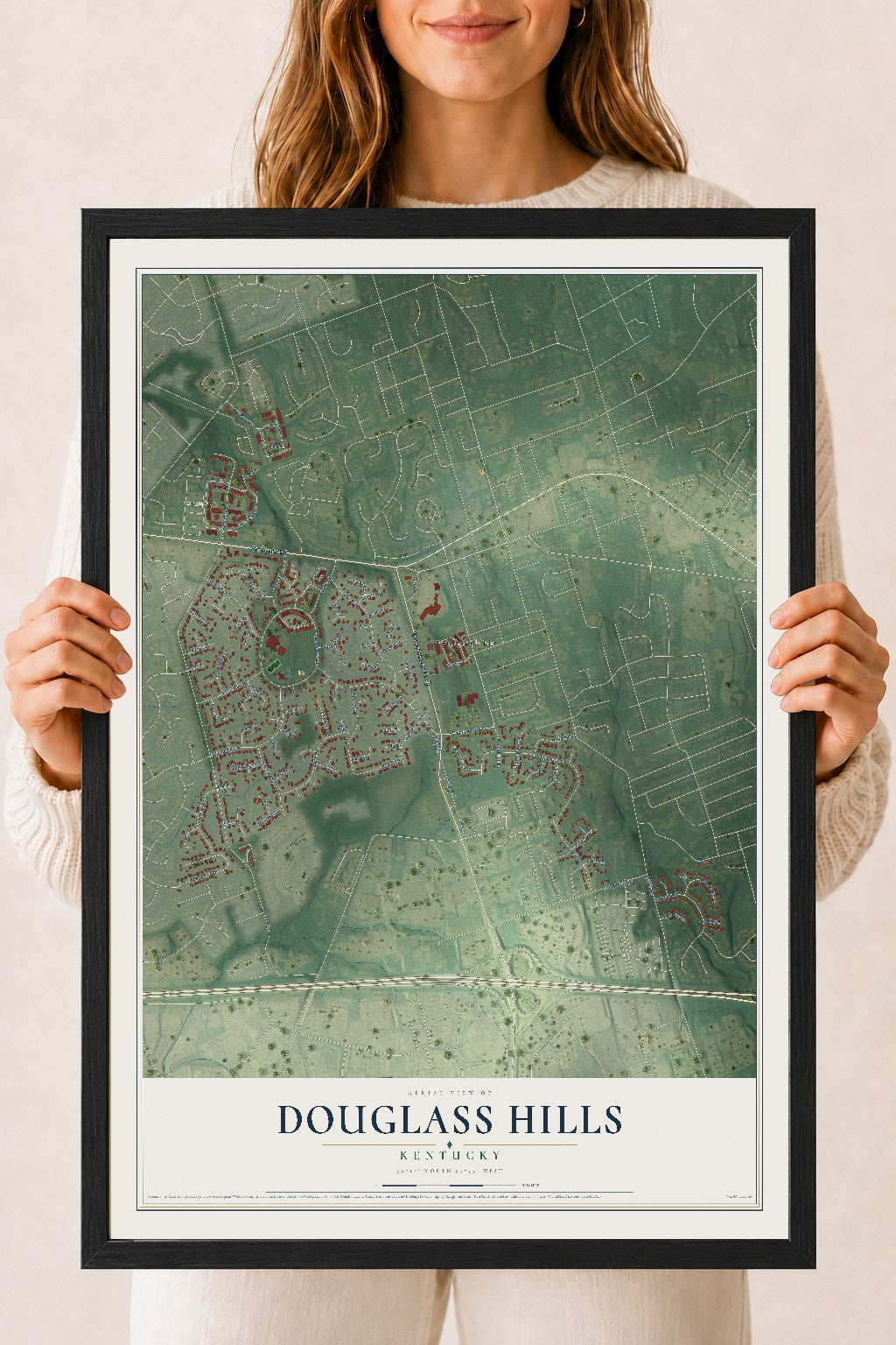 Map of Douglass Hills, Kentucky, 18 x 24 inch print in a black wood frame