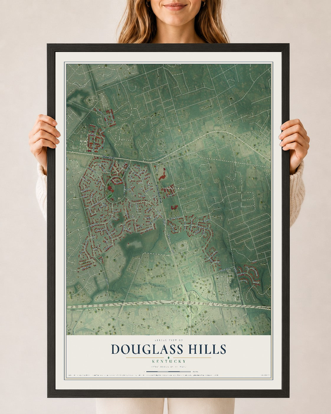 Map of Douglass Hills, Kentucky, 24 x 36 inch print in a black wood frame