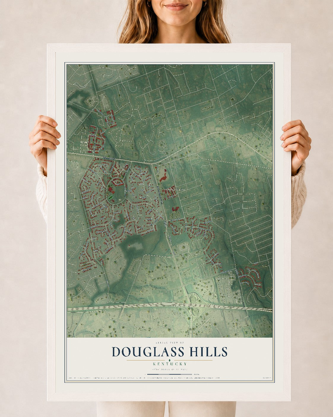 Map of Douglass Hills, Kentucky, 24 x 36 inch print in a white wood frame