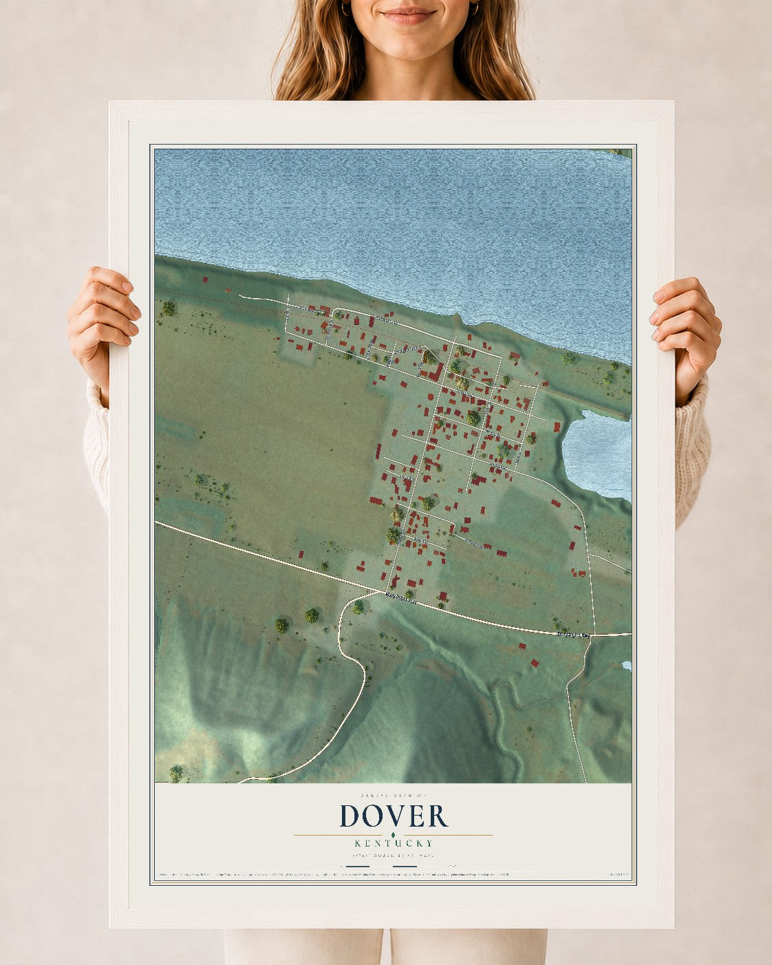 Map of Dover, Kentucky, 24 x 36 inch print in a white wood frame
