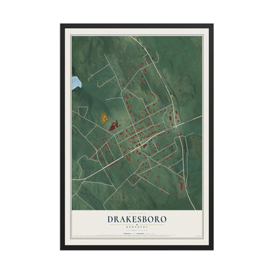 Map of Drakesboro, Kentucky, 12 x 18 inch print in a black wood frame
