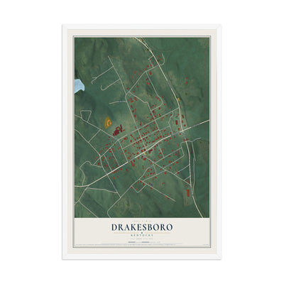 Map of Drakesboro, Kentucky, 12 x 18 inch print in a white wood frame