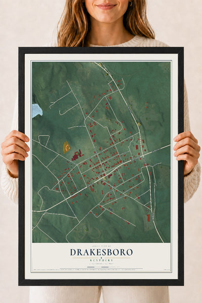 Map of Drakesboro, Kentucky, 18 x 24 inch print in a black wood frame