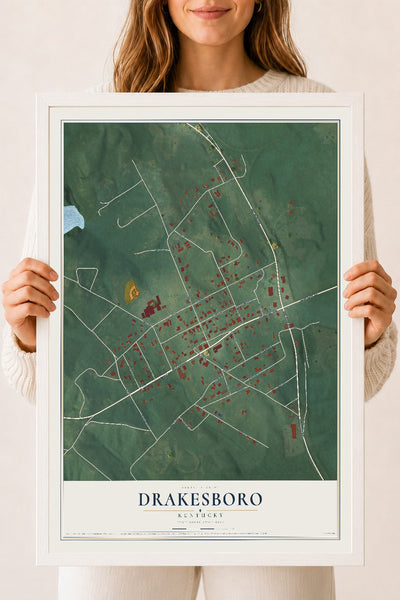 Map of Drakesboro, Kentucky, 18 x 24 inch print in a white wood frame