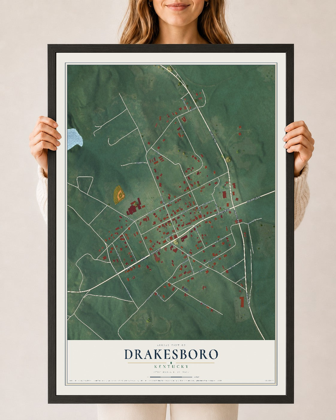 Map of Drakesboro, Kentucky, 24 x 36 inch print in a black wood frame