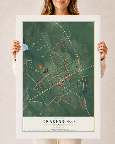 Map of Drakesboro, Kentucky, 24 x 36 inch print in a white wood frame