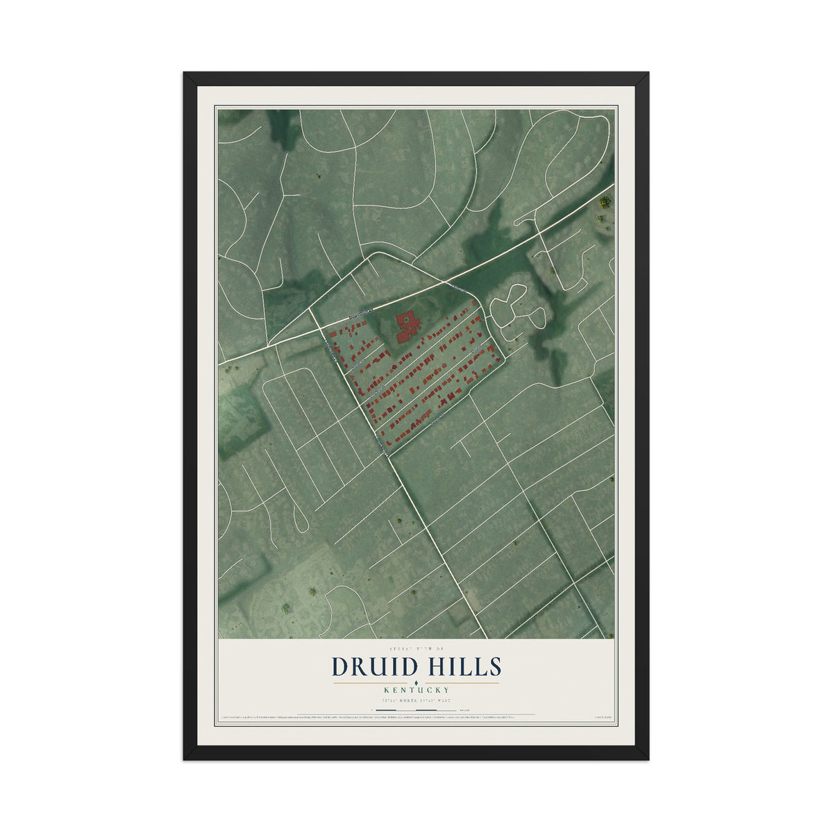 Map of Druid Hills, Kentucky, 12 x 18 inch print in a black wood frame