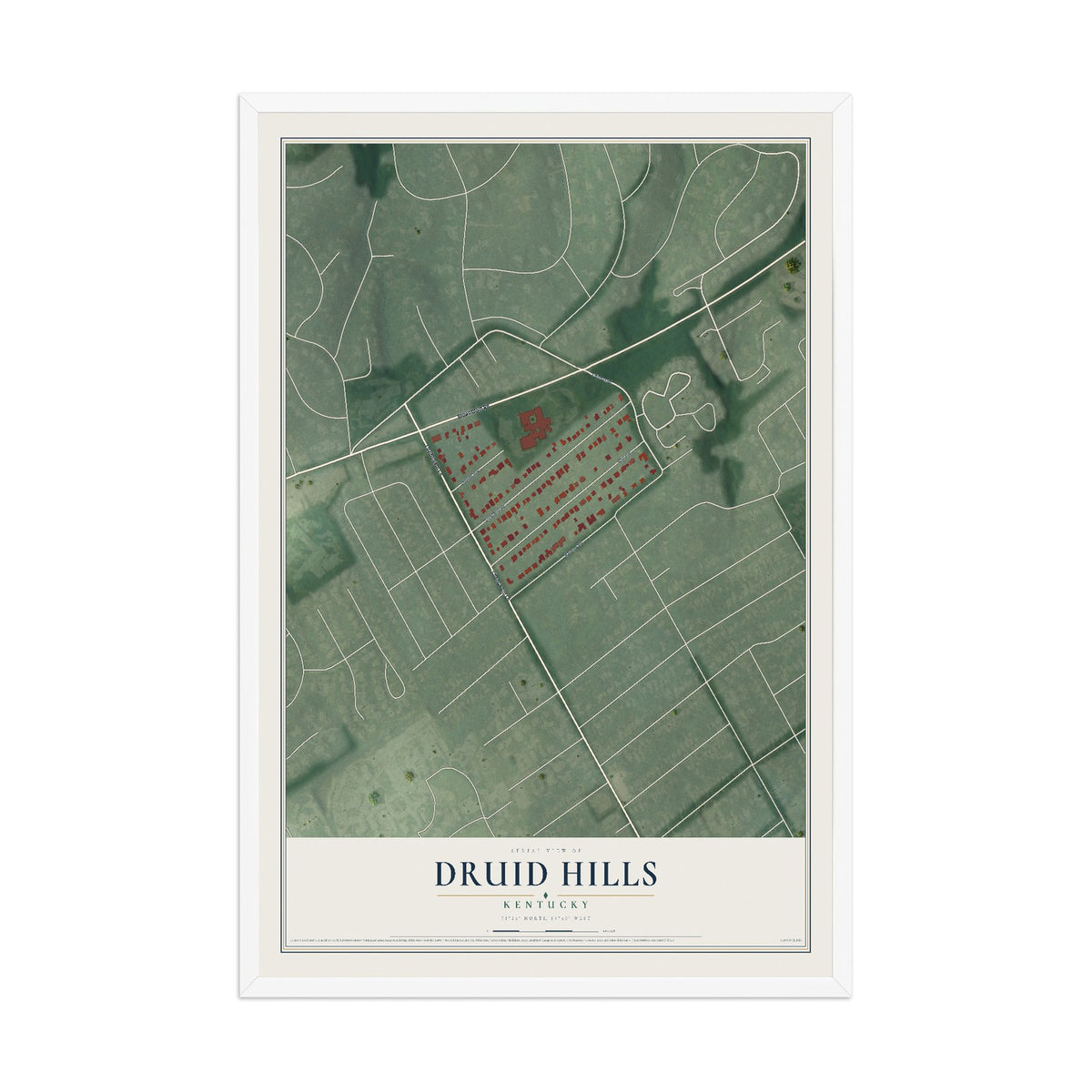 Map of Druid Hills, Kentucky, 12 x 18 inch print in a white wood frame