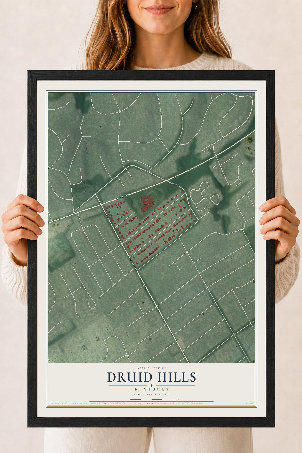 Map of Druid Hills, Kentucky, 18 x 24 inch print in a black wood frame
