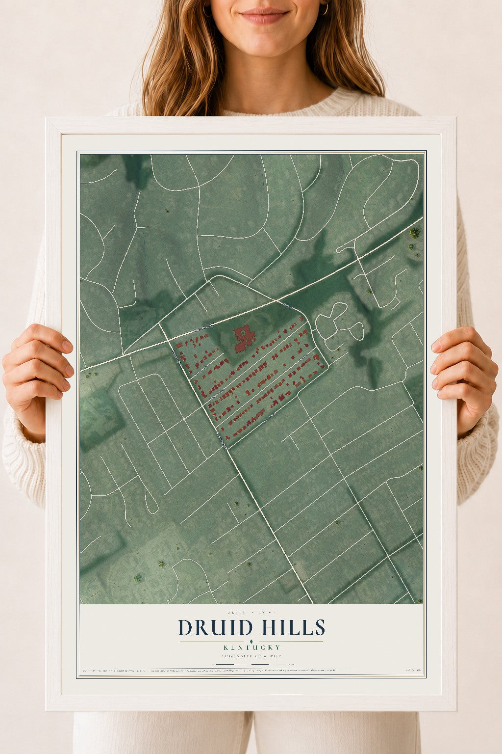 Map of Druid Hills, Kentucky, 18 x 24 inch print in a white wood frame