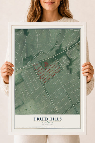 Map of Druid Hills, Kentucky, 18 x 24 inch print in a white wood frame