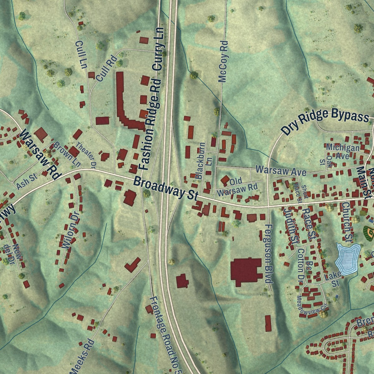 Close-up of the map of Dry Ridge, Kentucky print showing street and building detail