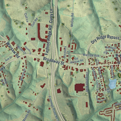 Close-up of the map of Dry Ridge, Kentucky print showing street and building detail