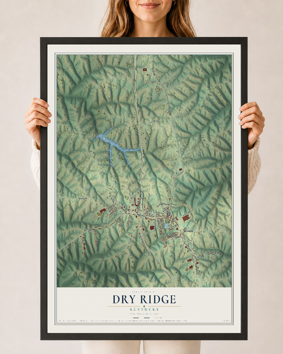 Map of Dry Ridge, Kentucky, 24 x 36 inch print in a black wood frame